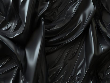 Abstract black crumpled plastic surface on dark background. Transparent plastic with stretched, wrinkled and folded texture. Generative AI.