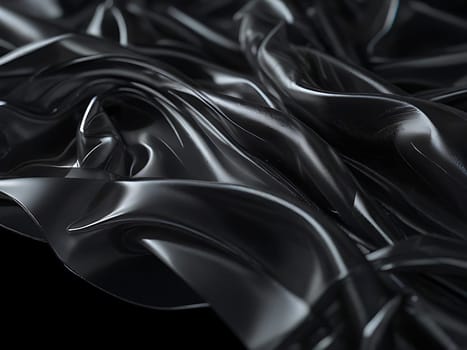 Abstract black crumpled plastic surface on dark background. Transparent plastic with stretched, wrinkled and folded texture. Generative AI.