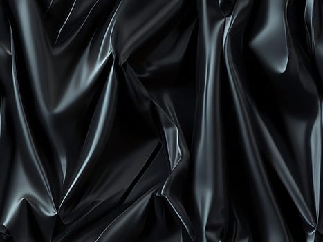 Abstract black crumpled plastic surface on dark background. Transparent plastic with stretched, wrinkled and folded texture. Generative AI.