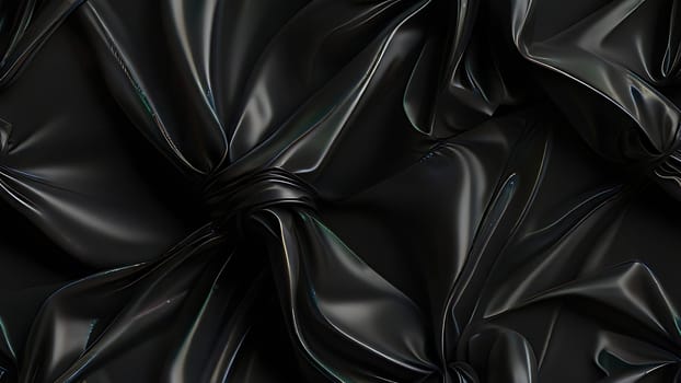 Abstract black crumpled plastic surface on dark background. Transparent plastic with stretched, wrinkled and folded texture. Generative AI.