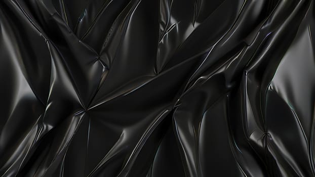 Abstract black crumpled plastic surface on dark background. Transparent plastic with stretched, wrinkled and folded texture. Generative AI.