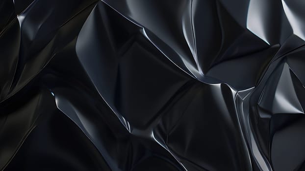 Abstract black crumpled plastic surface on dark background. Transparent plastic with stretched, wrinkled and folded texture. Generative AI.