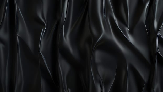 Abstract black crumpled plastic surface on dark background. Transparent plastic with stretched, wrinkled and folded texture. Generative AI.