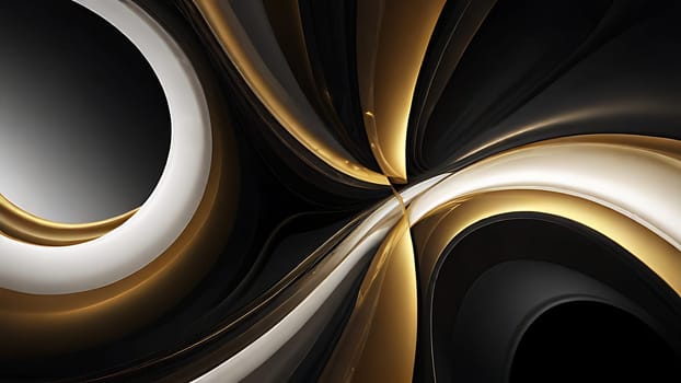 Abstract fluid swirls and curves composition in a harmonious black, gold and pure white with sense of movement smooth gradient. Abstract fluid background. Generative AI.