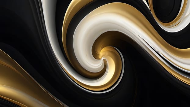 Abstract fluid swirls and curves composition in a harmonious black, gold and pure white with sense of movement smooth gradient. Abstract fluid background. Generative AI.