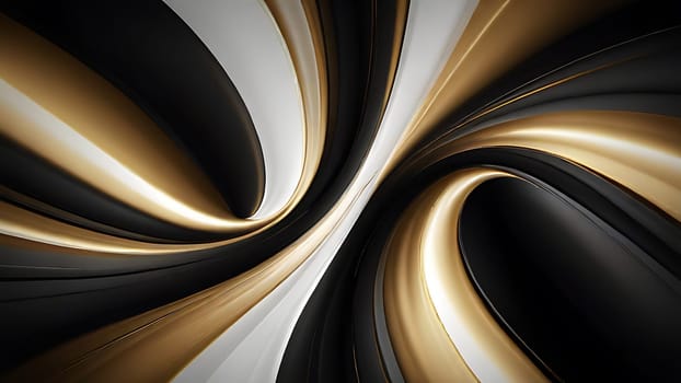 Abstract fluid swirls and curves composition in a harmonious black, gold and pure white with sense of movement smooth gradient. Abstract fluid background. Generative AI.