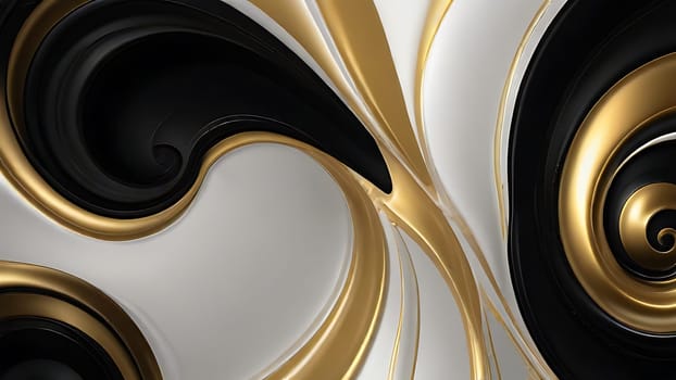 Abstract fluid swirls and curves composition in a harmonious black, gold and pure white with sense of movement smooth gradient. Abstract fluid background. Generative AI.