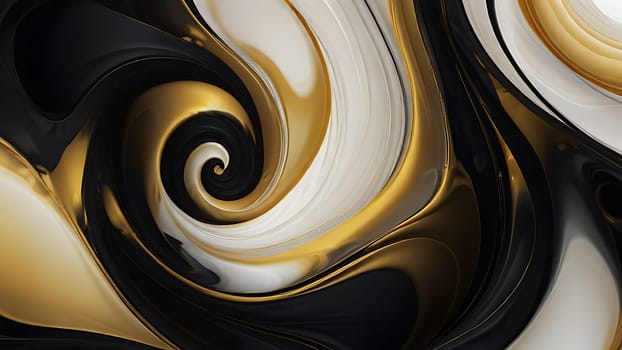 Abstract fluid swirls and curves composition in a harmonious black, gold and pure white with sense of movement smooth gradient. Abstract fluid background. Generative AI.