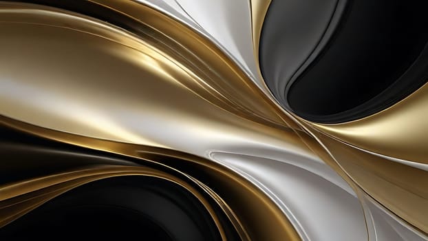 Abstract fluid swirls and curves composition in a harmonious black, gold and pure white with sense of movement smooth gradient. Abstract fluid background. Generative AI.