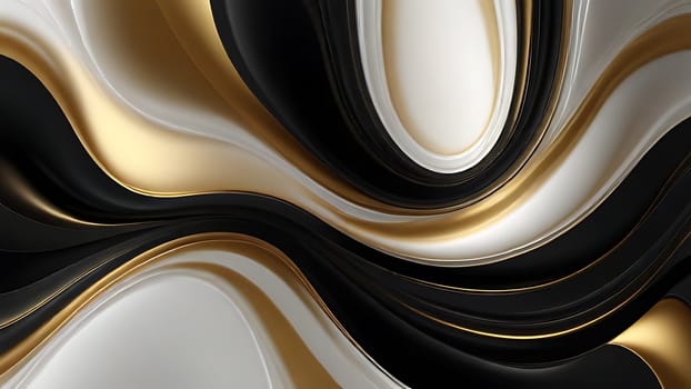 Abstract fluid swirls and curves composition in a harmonious black, gold and pure white with sense of movement smooth gradient. Abstract fluid background. Generative AI.