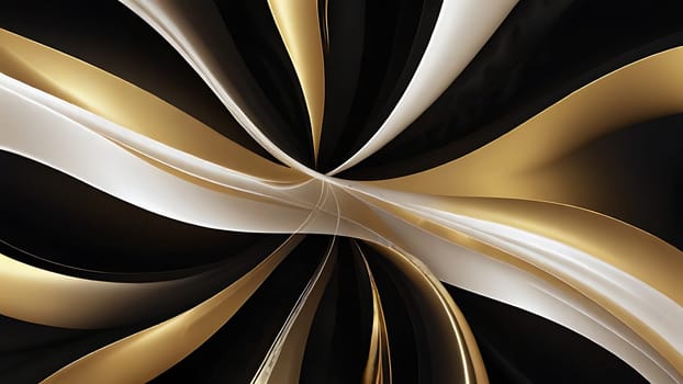 Abstract fluid swirls and curves composition in a harmonious black, gold and pure white with sense of movement smooth gradient. Abstract fluid background. Generative AI.