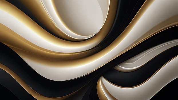 Abstract fluid swirls and curves composition in a harmonious black, gold and pure white with sense of movement smooth gradient. Abstract fluid background. Generative AI.