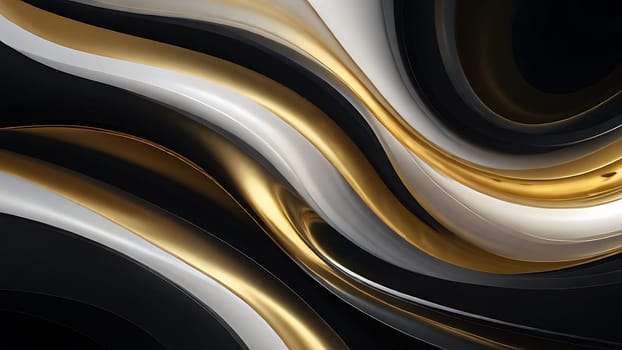 Abstract fluid swirls and curves composition in a harmonious black, gold and pure white with sense of movement smooth gradient. Abstract fluid background. Generative AI.