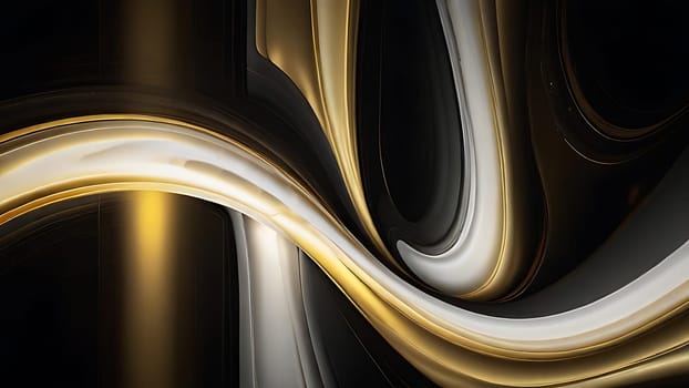 Abstract fluid swirls and curves composition in a harmonious black, gold and pure white with sense of movement smooth gradient. Abstract fluid background. Generative AI.