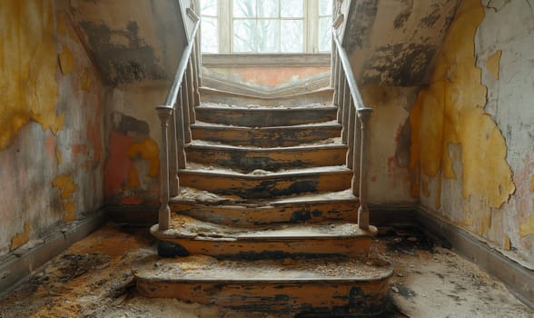 Stairs ascend to a window, architectural details.