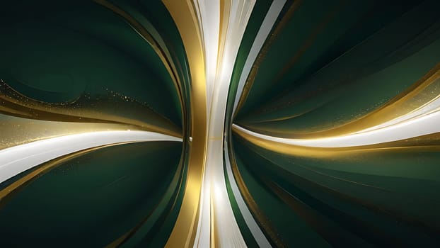 Abstract fluid swirls and curves composition in a harmonious green, gold and pure white with sense of movement smooth gradient. Abstract fluid background. Generative AI.