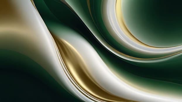 Abstract fluid swirls and curves composition in a harmonious green, gold and pure white with sense of movement smooth gradient. Abstract fluid background. Generative AI.