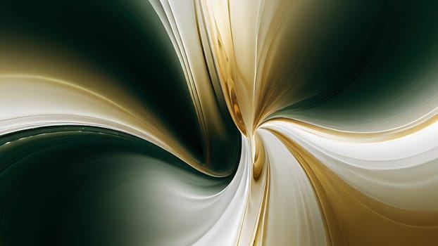 Abstract fluid swirls and curves composition in a harmonious green, gold and pure white with sense of movement smooth gradient. Abstract fluid background. Generative AI.