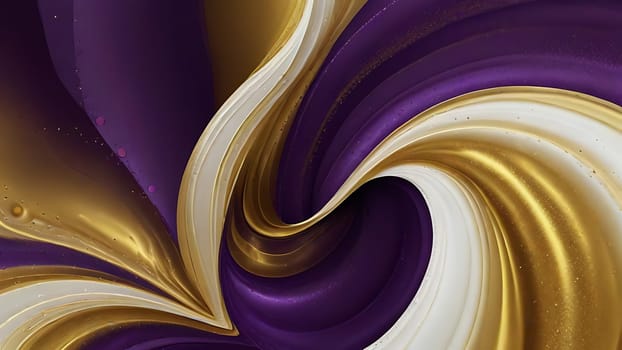 Abstract fluid swirls and curves composition in a harmonious purple, gold and pure white with sense of movement smooth gradient. Abstract fluid background. Generative AI.