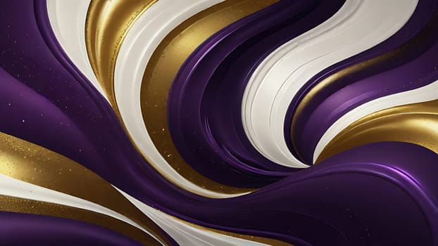 Abstract fluid swirls and curves composition in a harmonious purple, gold and pure white with sense of movement smooth gradient. Abstract fluid background. Generative AI.