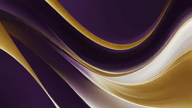 Abstract fluid swirls and curves composition in a harmonious purple, gold and pure white with sense of movement smooth gradient. Abstract fluid background. Generative AI.