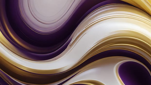 Abstract fluid swirls and curves composition in a harmonious purple, gold and pure white with sense of movement smooth gradient. Abstract fluid background. Generative AI.