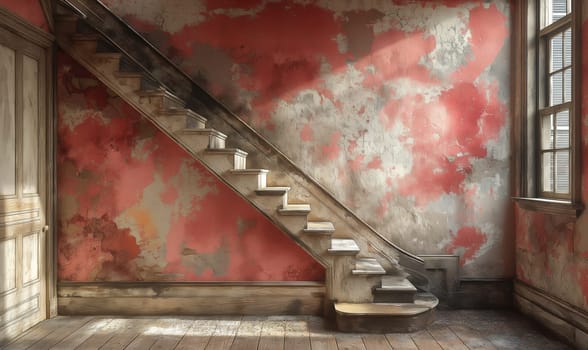 A room featuring a staircase positioned next to a large window.