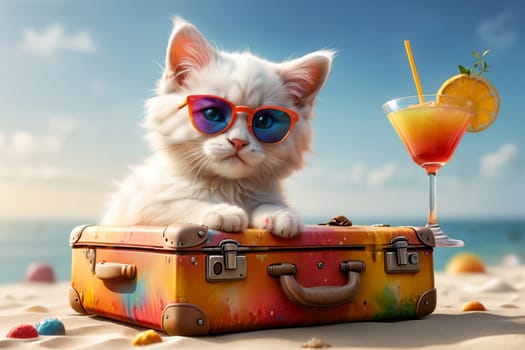 cute kitten with a suitcase at sea with a cocktail in a glass .