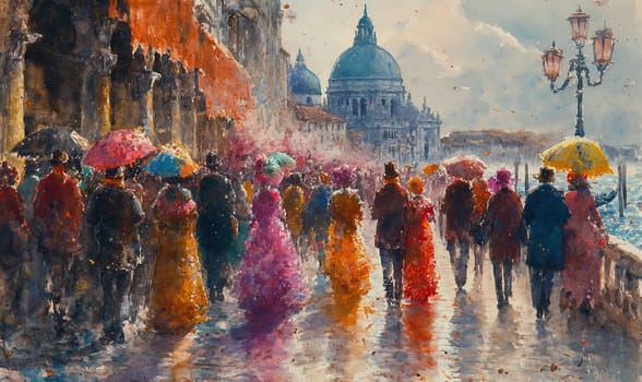 A painting featuring a diverse group of individuals holding umbrellas.