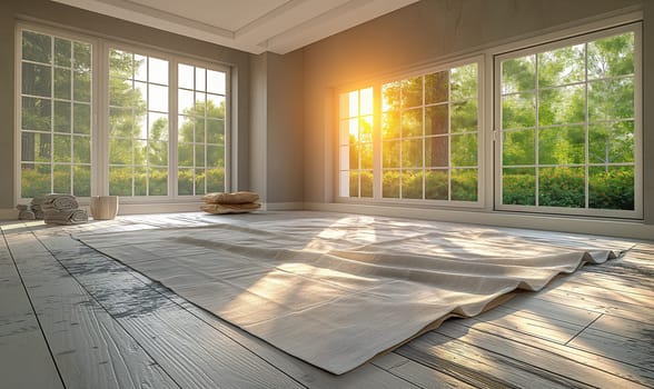 Spacious room with broad windows revealing sunlight and a blanket laid neatly on the floor.