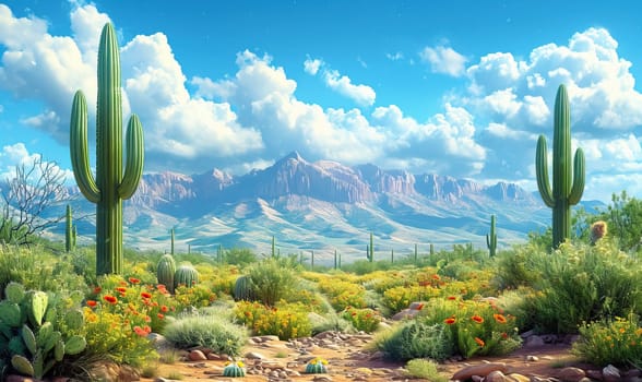 A painting featuring a desert landscape with cactus plants and rugged mountains.