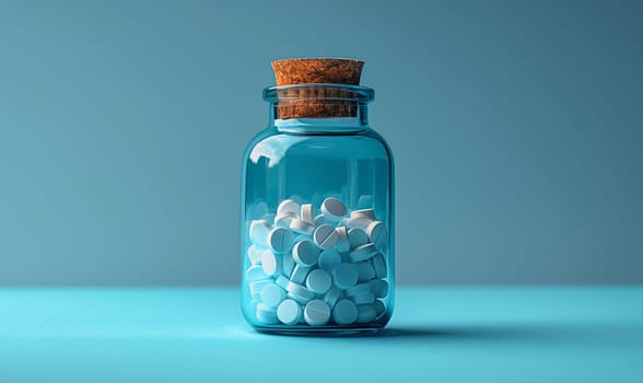 Glass jar overflowing with small white pills.