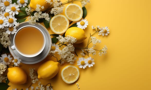 A cup of tea surrounded by lemons and daisies on a table.