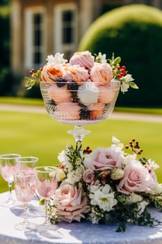 Ice cream desserts buffet table, event food catering for wedding, party and holiday celebration, ice creams and flowers decor in a floral countryside garden, post-processed, generative ai