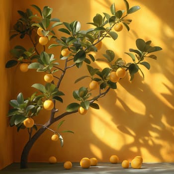 Orange tree with fruit in front of yellow wall outdoors.