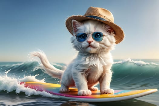 cute kitten surfing at sea, summer holiday .