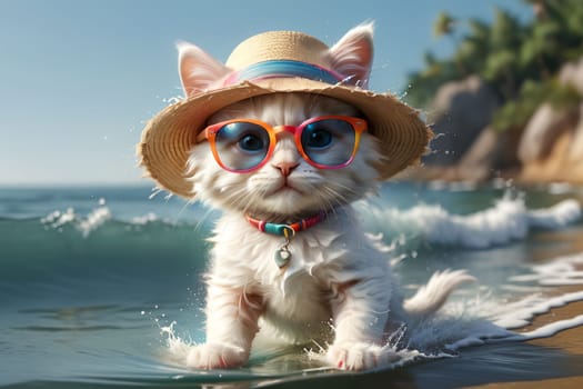 cute kitten stands in the water at sea, summer holiday .