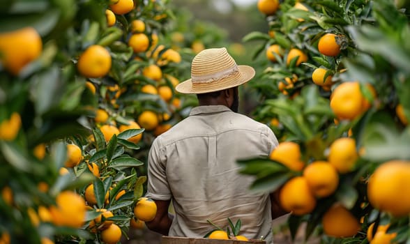 A man in a straw hat strolling among orange trees filled with ripe oranges.