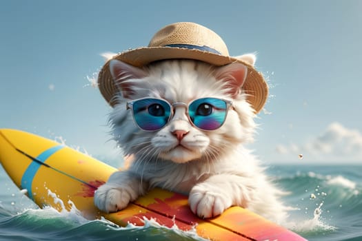 cute kitten surfing at sea, summer holiday .