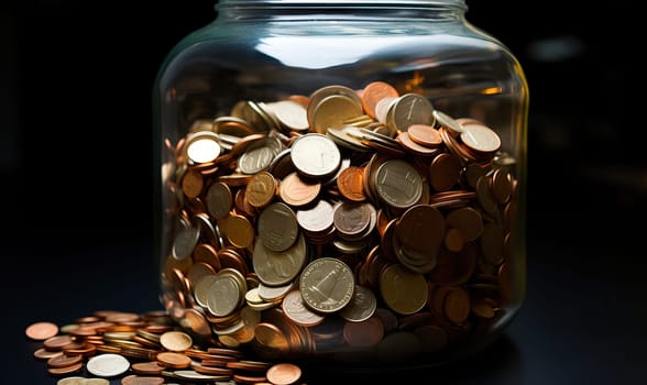 A jar filled with coins placed on top of a wooden table.