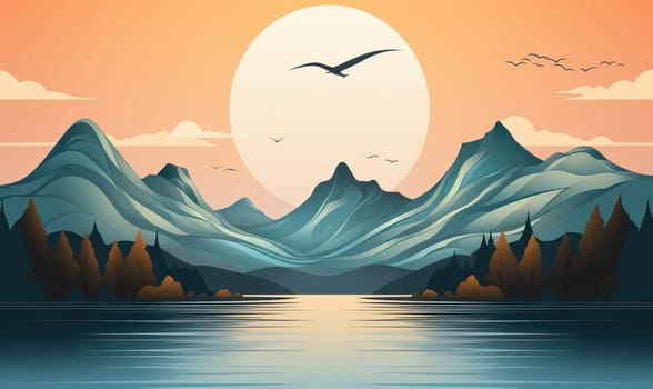 Painting of a mountain lake with a bird in flight.