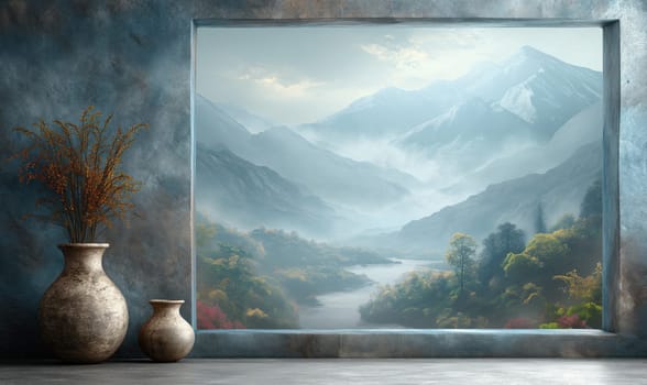 Serene view of mountains and a valley from open window.