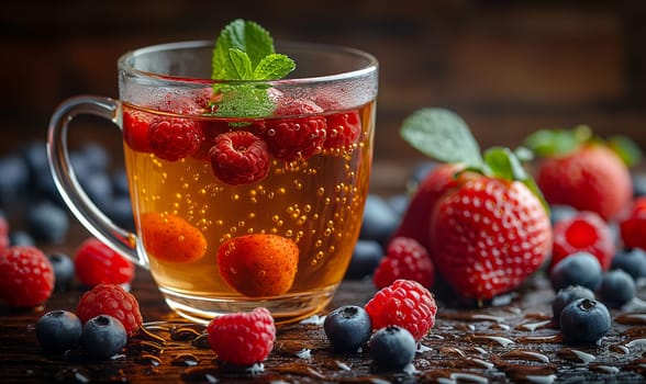A cup of tea garnished with berries and mint leaves on a wooden table.