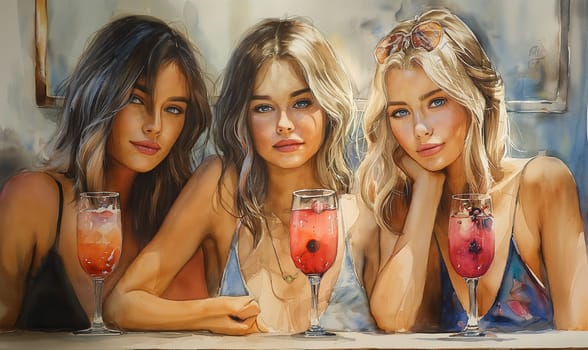 Three women sitting at a table, enjoying drinks together.