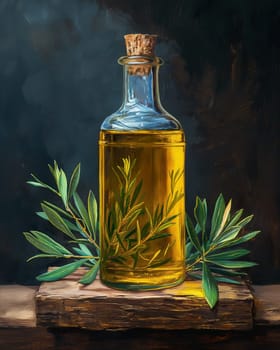 Olive oil bottle with herbs on rustic wooden surface.