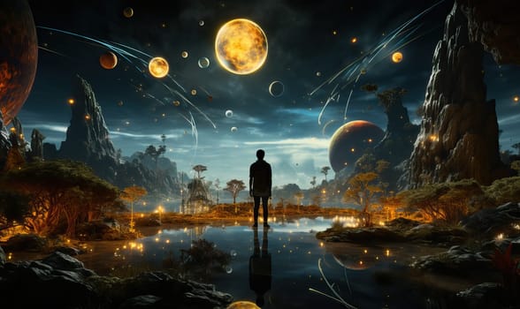 Man standing by lake, planets visible in sky.