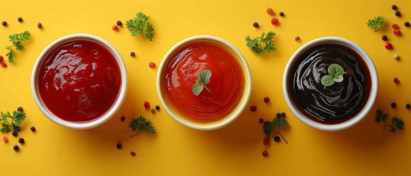 Three bowls filled with different colored sauces arranged neatly on a bright yellow surface.