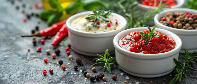 Three small white bowls filled with food arranged neatly on a wooden table.