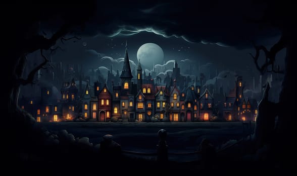 A gothic-style town under a full moonlit sky.
