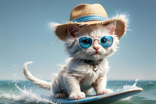 cute kitten surfing at sea, summer holiday .